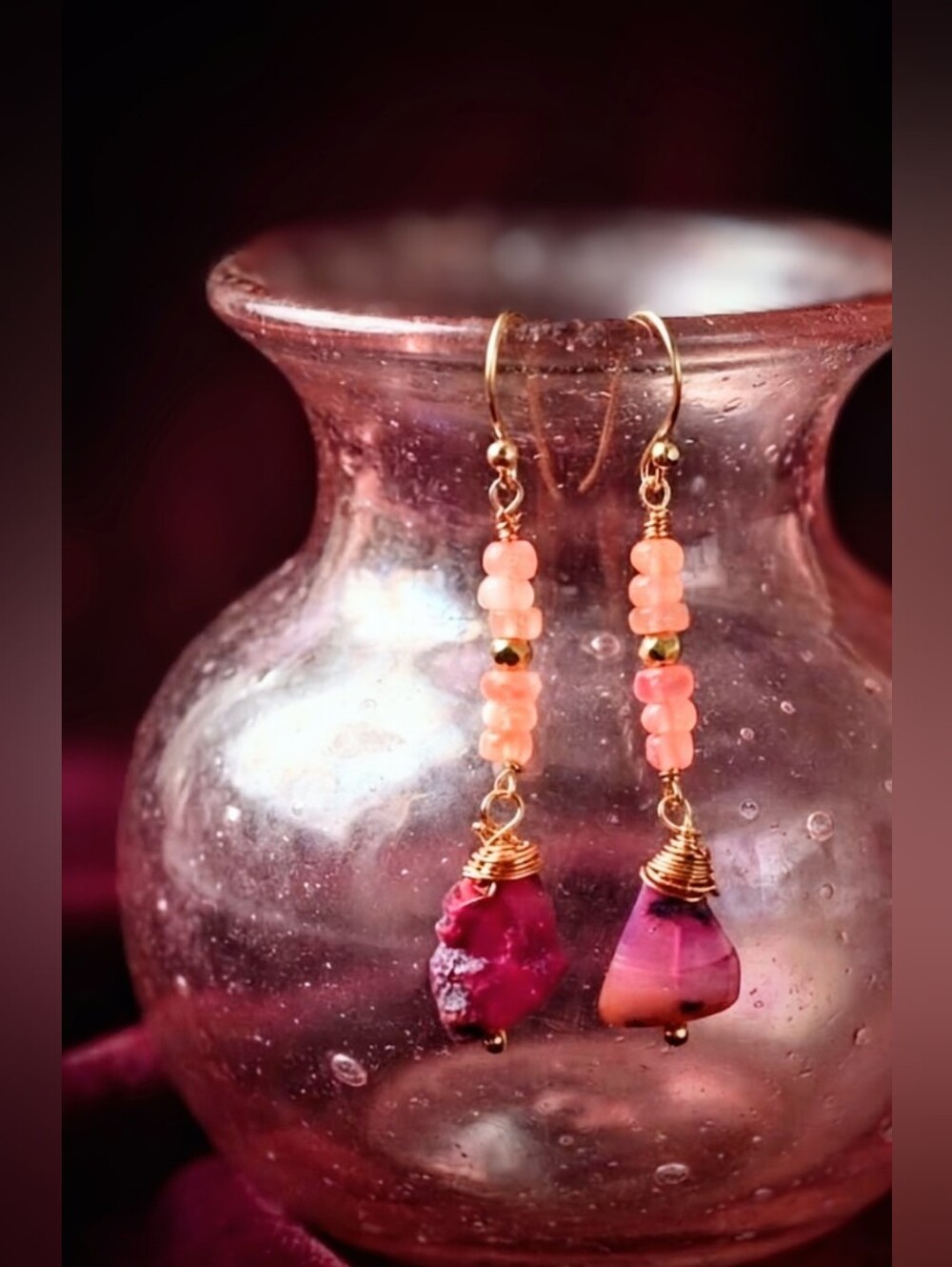 Natural Stacked Ethiopian Welo Pink Opal In Artisan Made Gold Plated Earrings